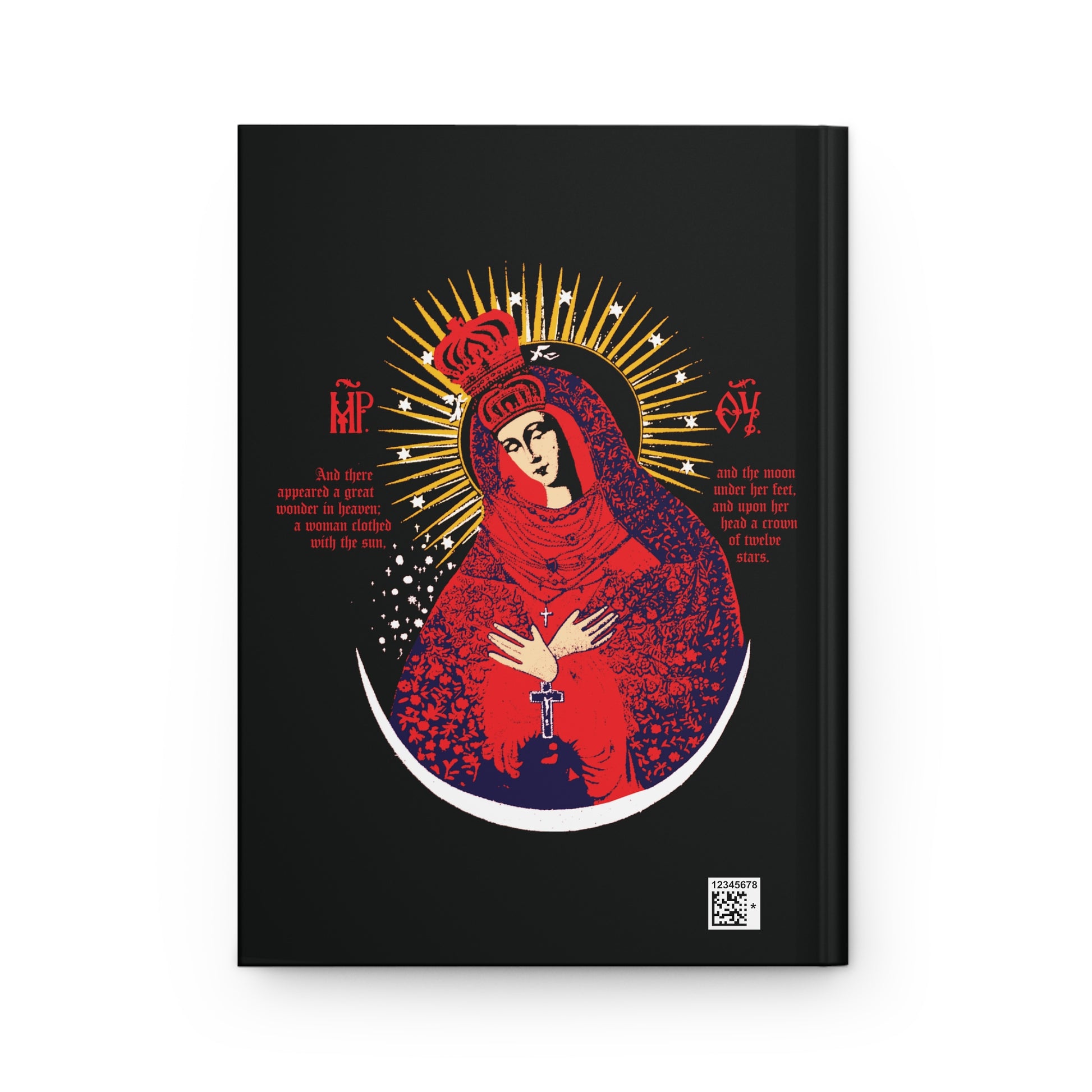 Black cover journal featuring Our Lady the Gate of Dawn Icono-Graphic, Theotokos Crowned, Woman of the Apocalypse in red, blue & gold—echoing the Vilnius icon and Orthodox tradition.