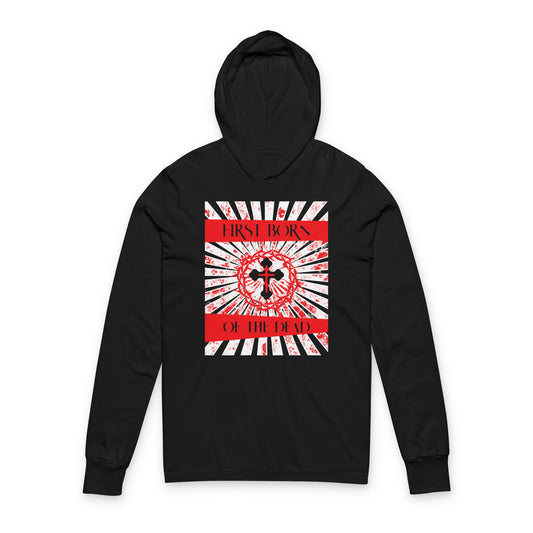 First Born of the Dead | Orthodox Cross and Crown of Thorns | Red White and Black Textured Design with Rays | Orthodox Long Sleeve Hooded Shirt