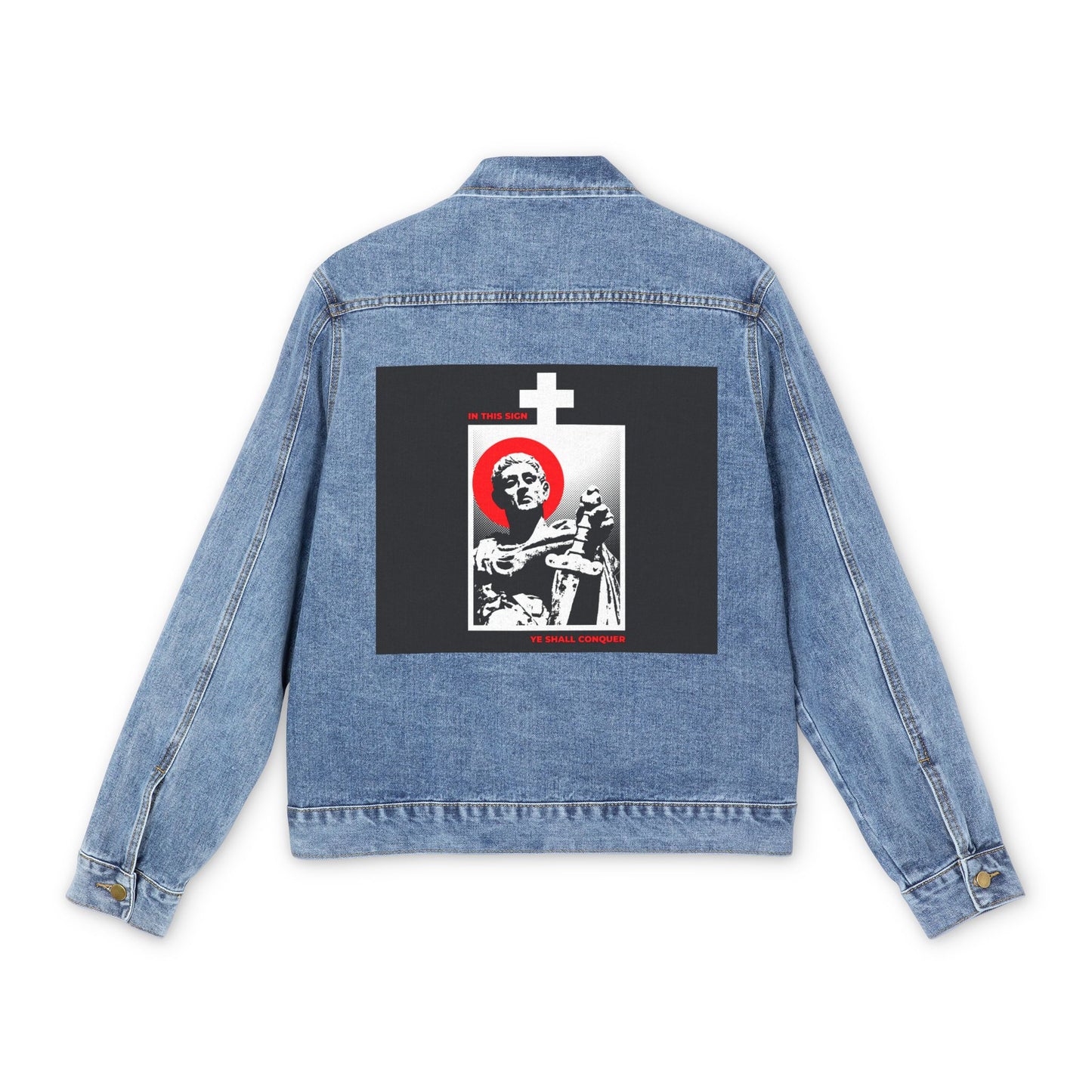 Medium denim wash jacket featuring a black and white graphic of St Constantine the Great with sword and red accents on the back. "In This Sign Ye Shall Conquer" Orthodox Christian design.