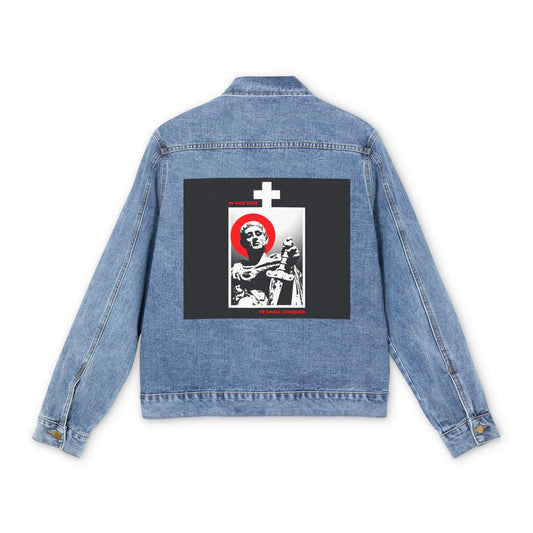 Medium denim wash jacket featuring a black and white graphic of St Constantine the Great with sword and red accents on the back. "In This Sign Ye Shall Conquer" Orthodox Christian design.