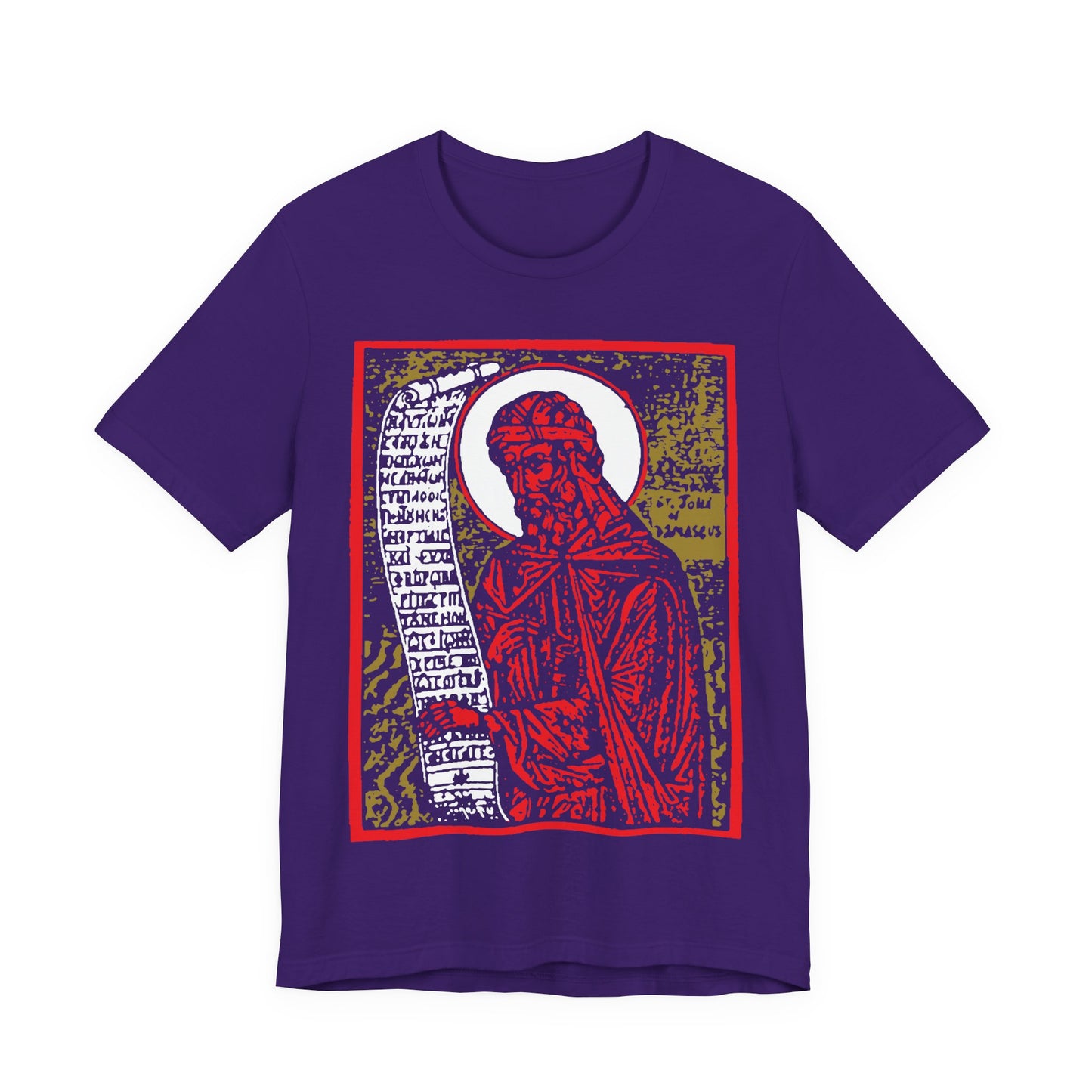 St. John of Damascus Icono-Graphic | Orthodox Christian Saint | Red Gold & Black High Contrast Design | Orthodox Christian Cotton T-Shirt
