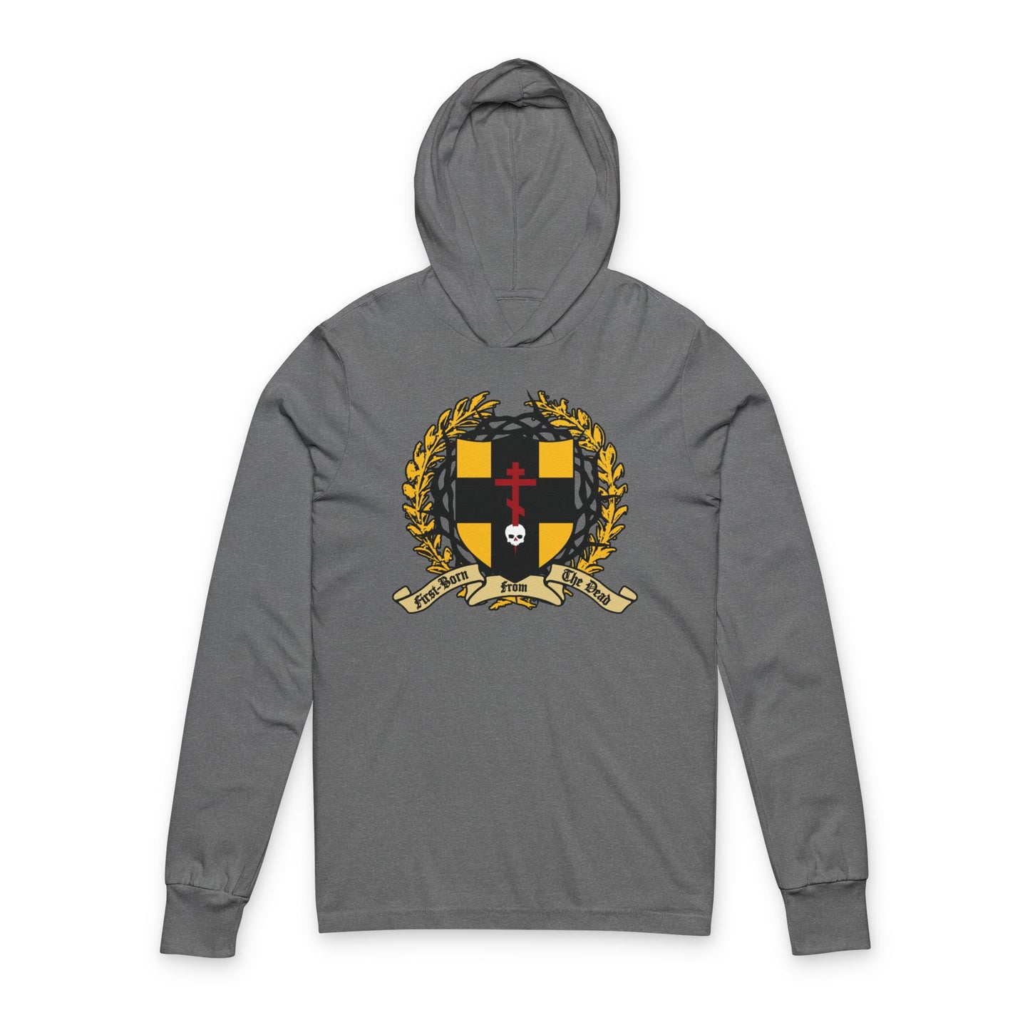 Grey TriBlend Christian hoodie featuring an Orthodox cross piercing a skull, shield with victory wreath, and crown of thorns—design inspired by Colossians 1:18 and the story of redemption. "First-Born from the Dead" Cotton Shirt.