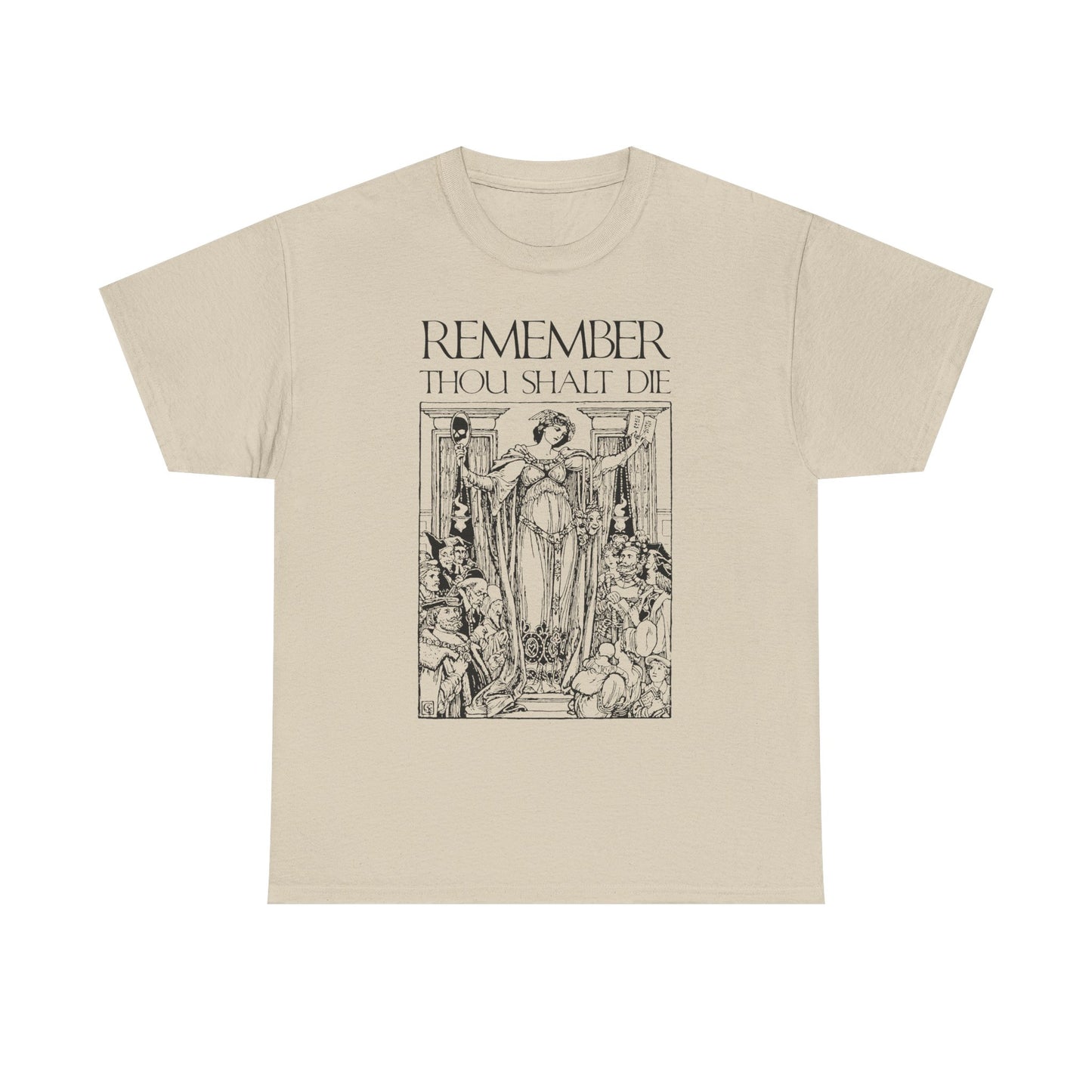 Sand T-shirt featuring a classic woodcut-style design with the phrase "Remember You Will Die" in a Shakespearean, memento mori aesthetic—Christian heavy cotton shirt inspired by reflections on mortality.