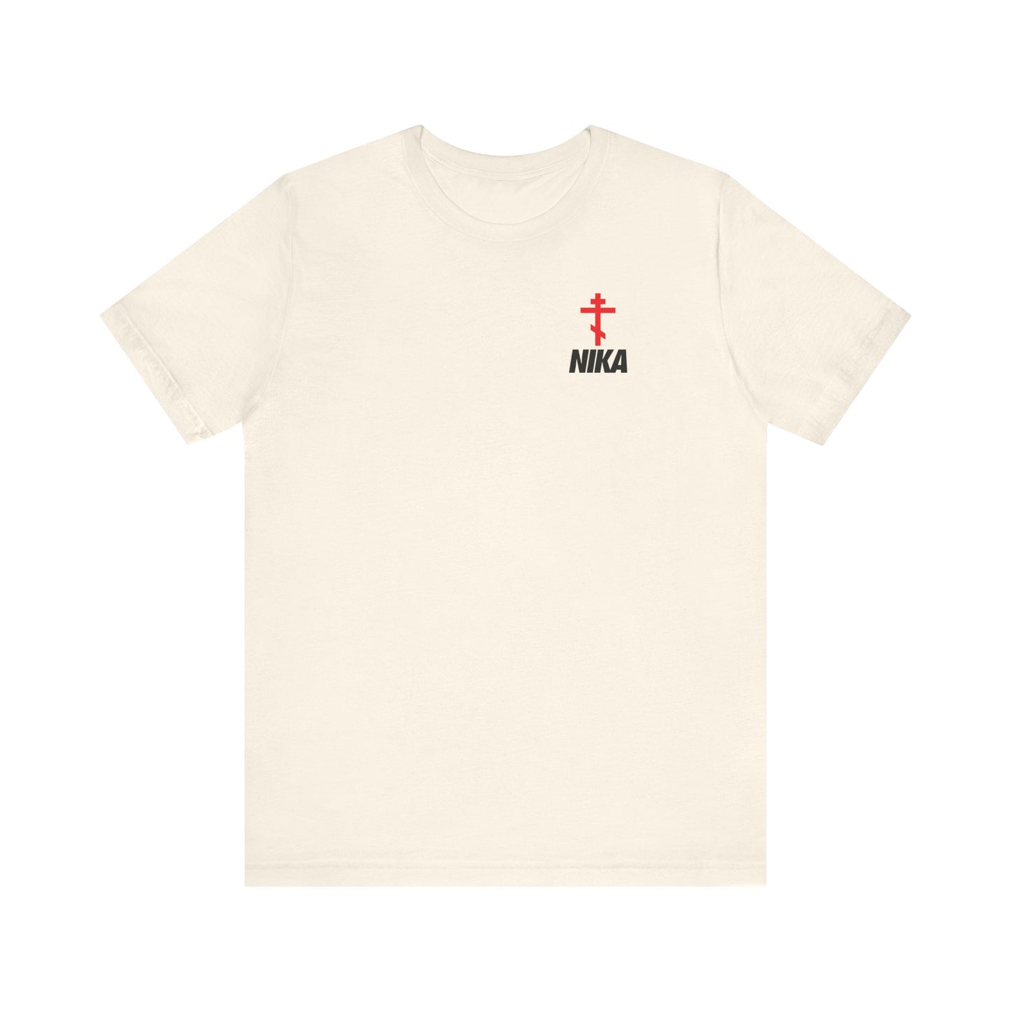 Natural unisex tee featuring a small red Orthodox cross with bold black NIKA text on the left chest, symbolizing "Jesus Christ Conquers" in Greek. Lightweight cotton, inspired by athletic fashion with a nod to the NIKE logo.