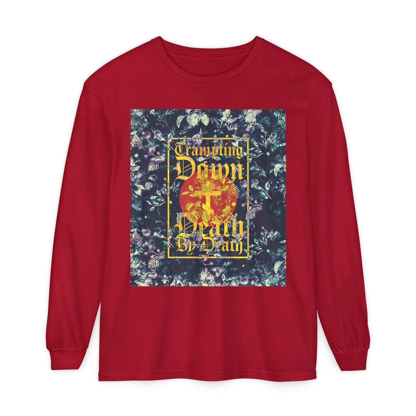 Trampling Down Death By Death | Paschal Floral Design with Gothic Script and Three-Bar Cross | Orthodox Christian Long Sleeve Shirt