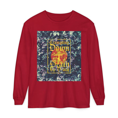 Trampling Down Death By Death | Paschal Floral Design with Gothic Script and Three-Bar Cross | Orthodox Christian Long Sleeve Shirt