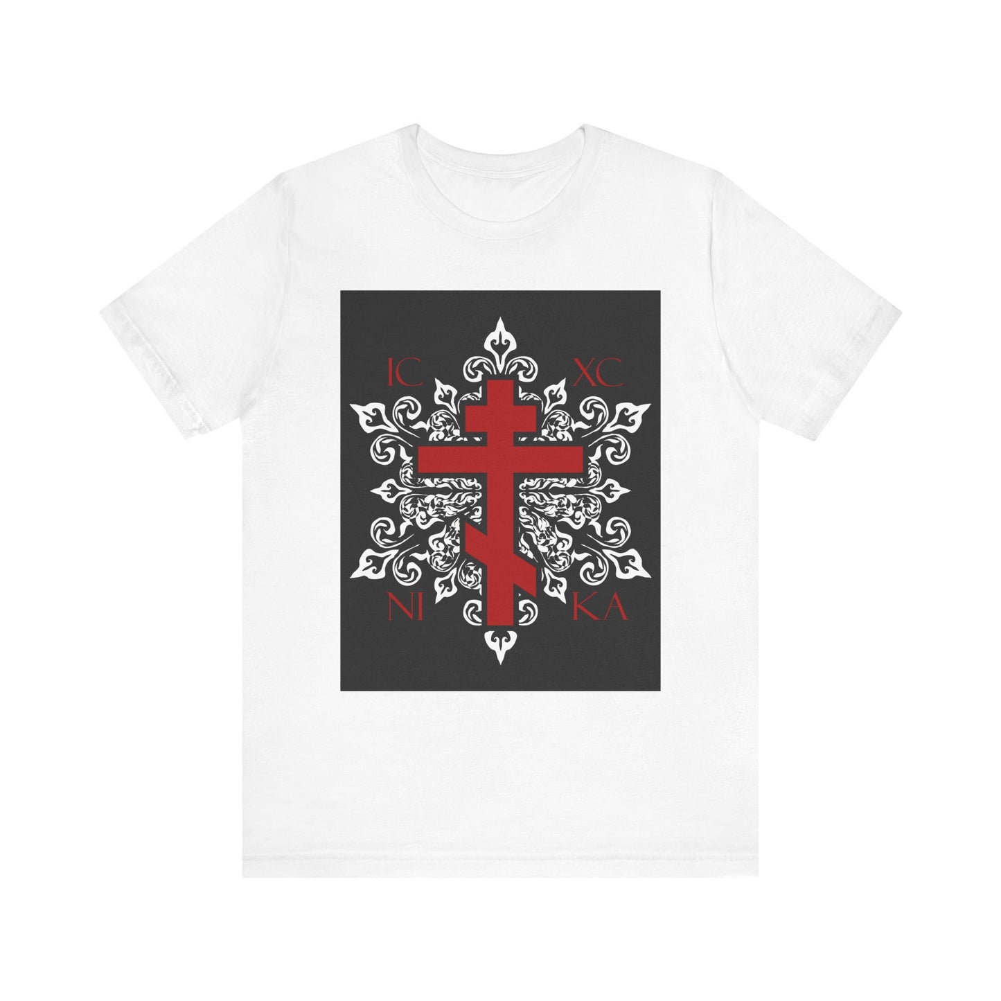The ICXC/NIKA Red Orthodox Cross unisex tee features a red cross on an ornate medieval black and white floral design, inspired by Eden and cherubim. Best-selling lightweight cotton shirt in white.