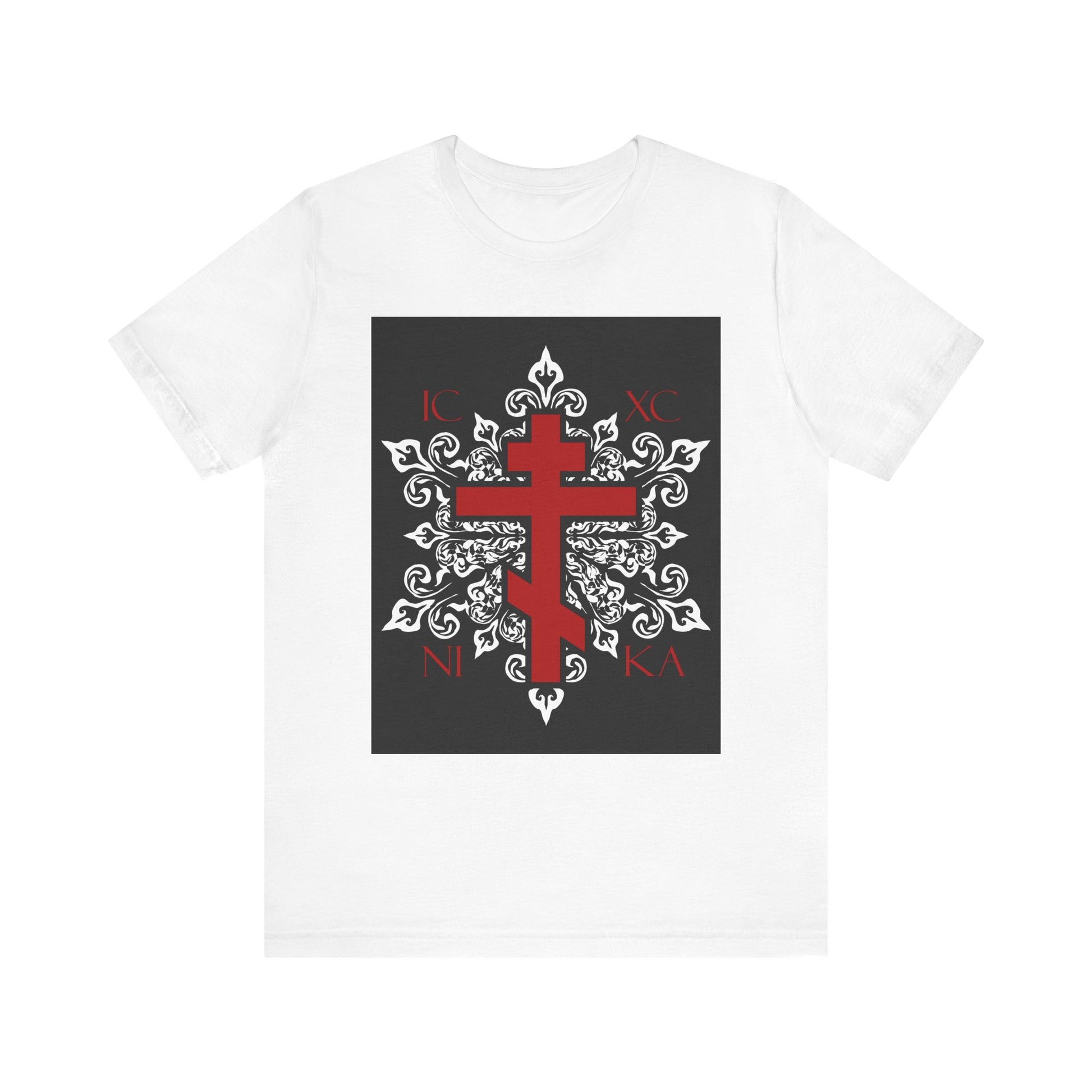 The ICXC/NIKA Red Orthodox Cross unisex tee features a red cross on an ornate medieval black and white floral design, inspired by Eden and cherubim. Best-selling lightweight cotton shirt in white.