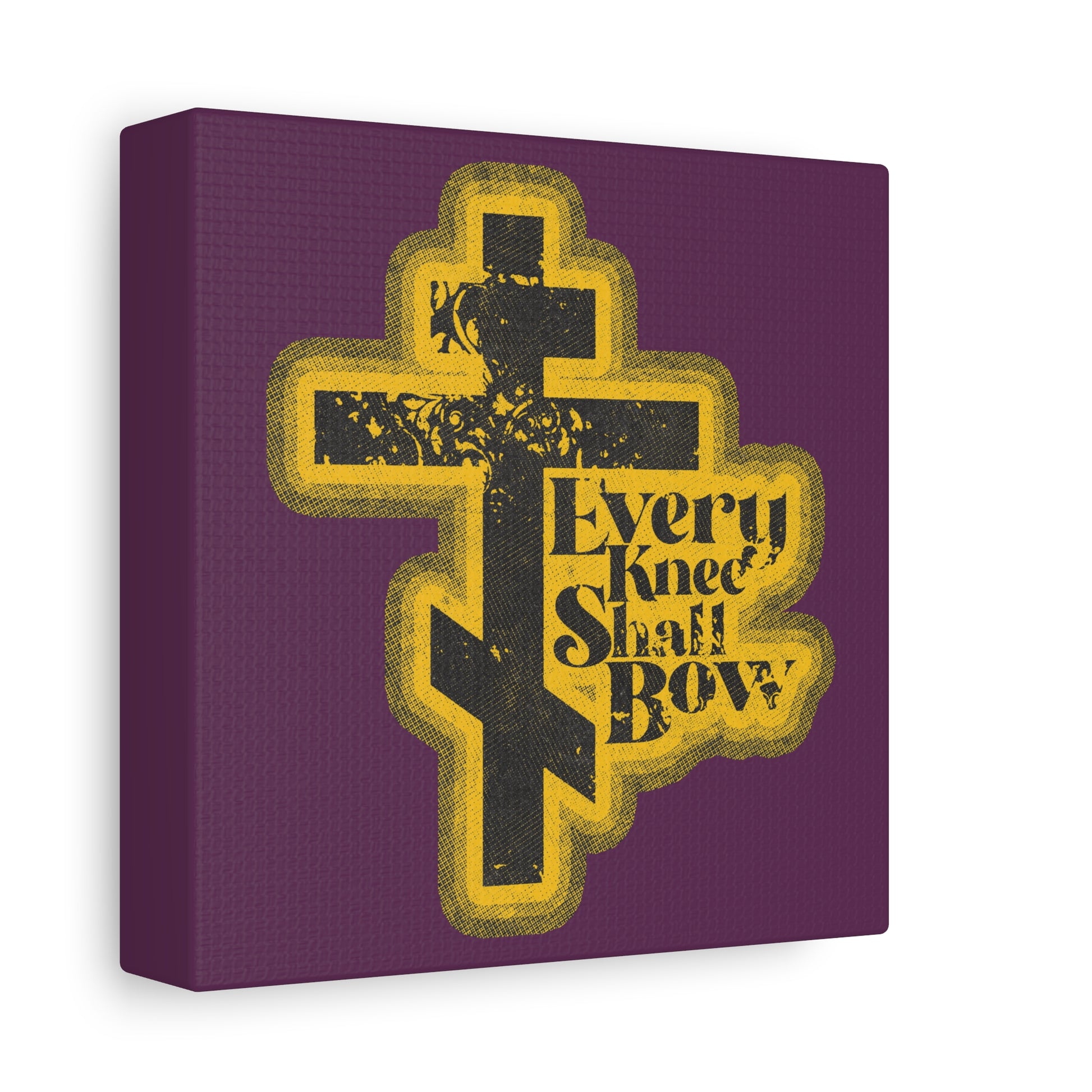 The "Every Knee Shall Bow" Christian wall art features a 70s distressed halftone comic book aesthetic, an Orthodox cross, and Philippians 2:10-11 & Isaiah 45:23 text on a purple background.