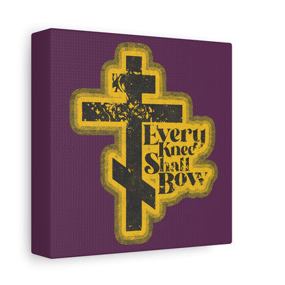 The "Every Knee Shall Bow" Christian wall art features a 70s distressed halftone comic book aesthetic, an Orthodox cross, and Philippians 2:10-11 & Isaiah 45:23 text on a purple background.