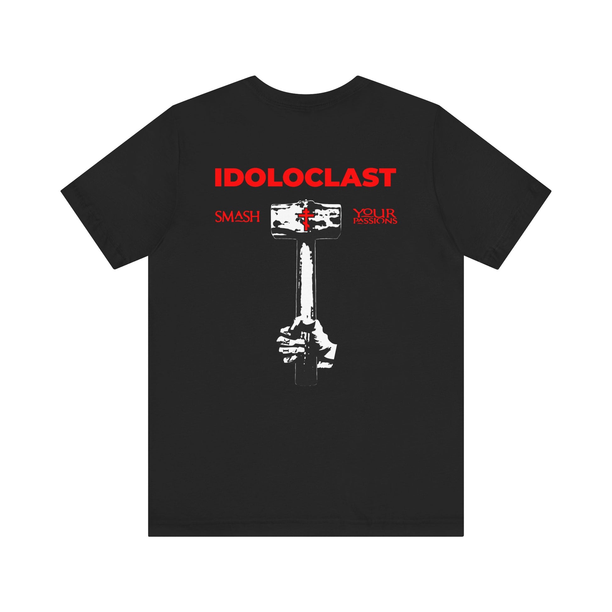 Show your spirit in the black Idoloclast Idol Smasher Hammer tee, featuring "Jesus NIKA" with a fist holding a hammer on the back and a red cross on the front left chest. This lightweight cotton unisex shirt lets you make a bold statement inspired by Evangelical Commandments.