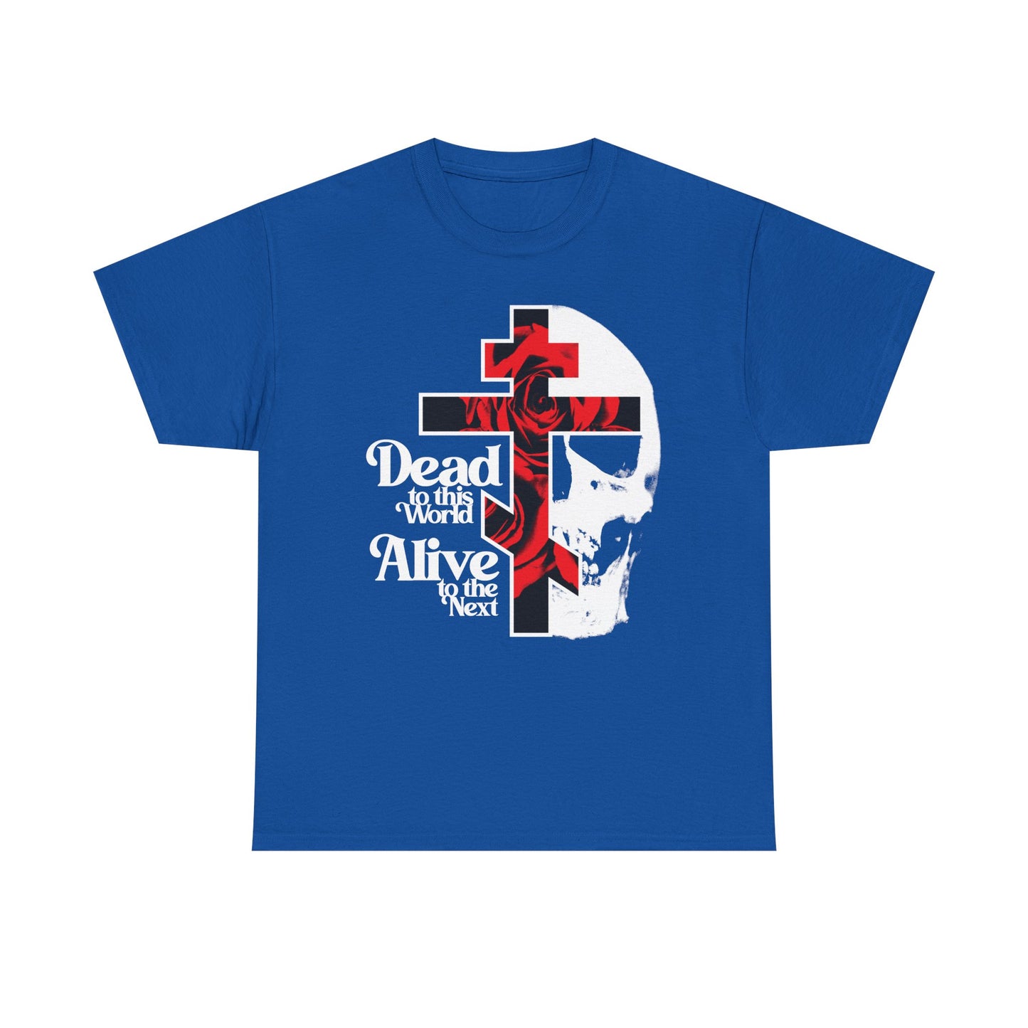 Royal blue "Dead to this World" Orthodox Christian t-shirt featuring a flower cross, skull, and 70s typography—a bestselling heavy cotton design inspired by the Ladder of Divine Ascent's theme of renunciation.