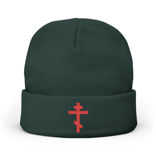 Simple Red Orthodox TriBar Cross | Nail My Passions to the Wood of Thy Precious Cross O Lord | Orthodox Christian Embroidered Knit Beanie
