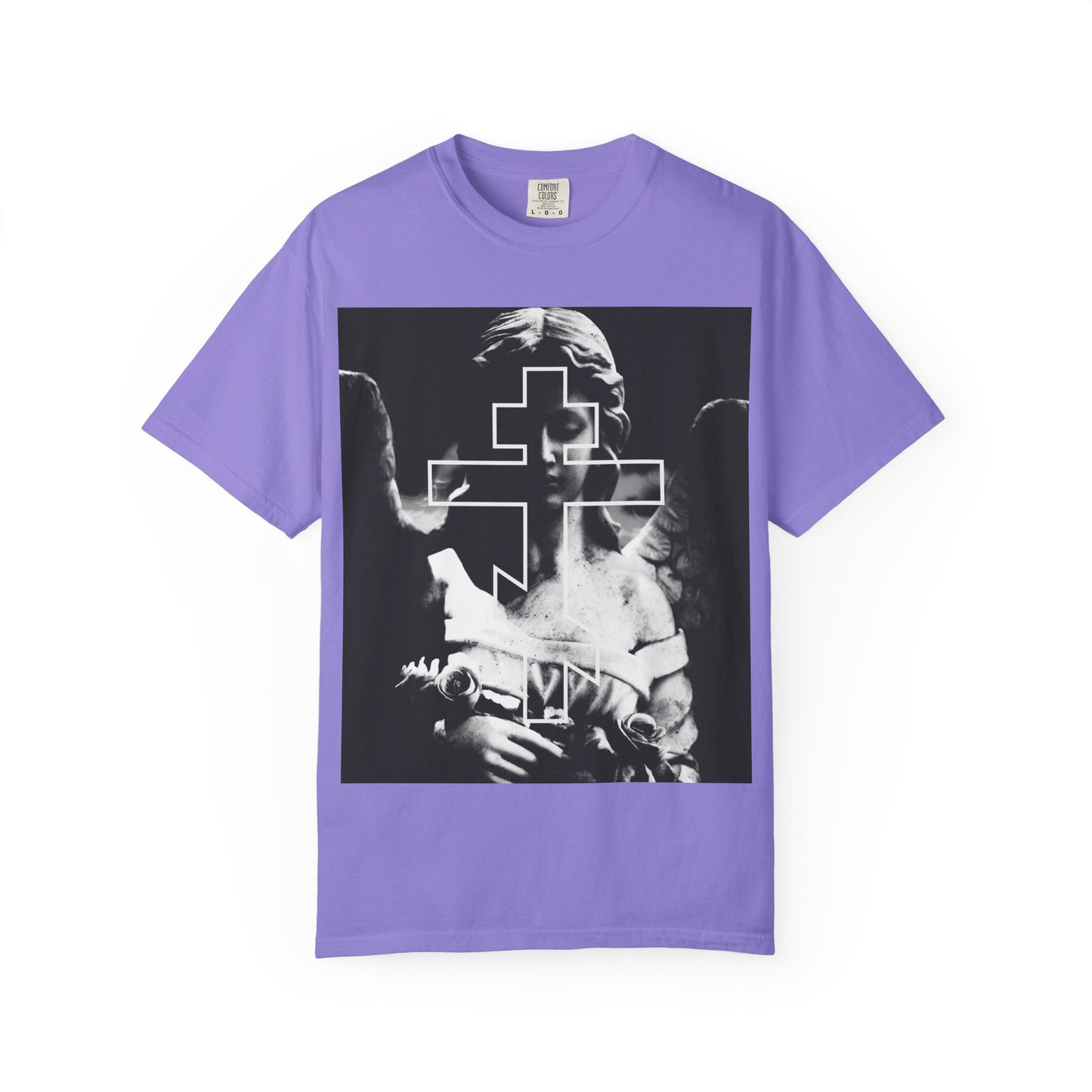Violet heavyweight cotton tee featuring a grayscale cemetery angel graphic with an Orthodox cross, inspired by goth aesthetic and "Memento Mori"—a reminder that you will die. Unisex fit.