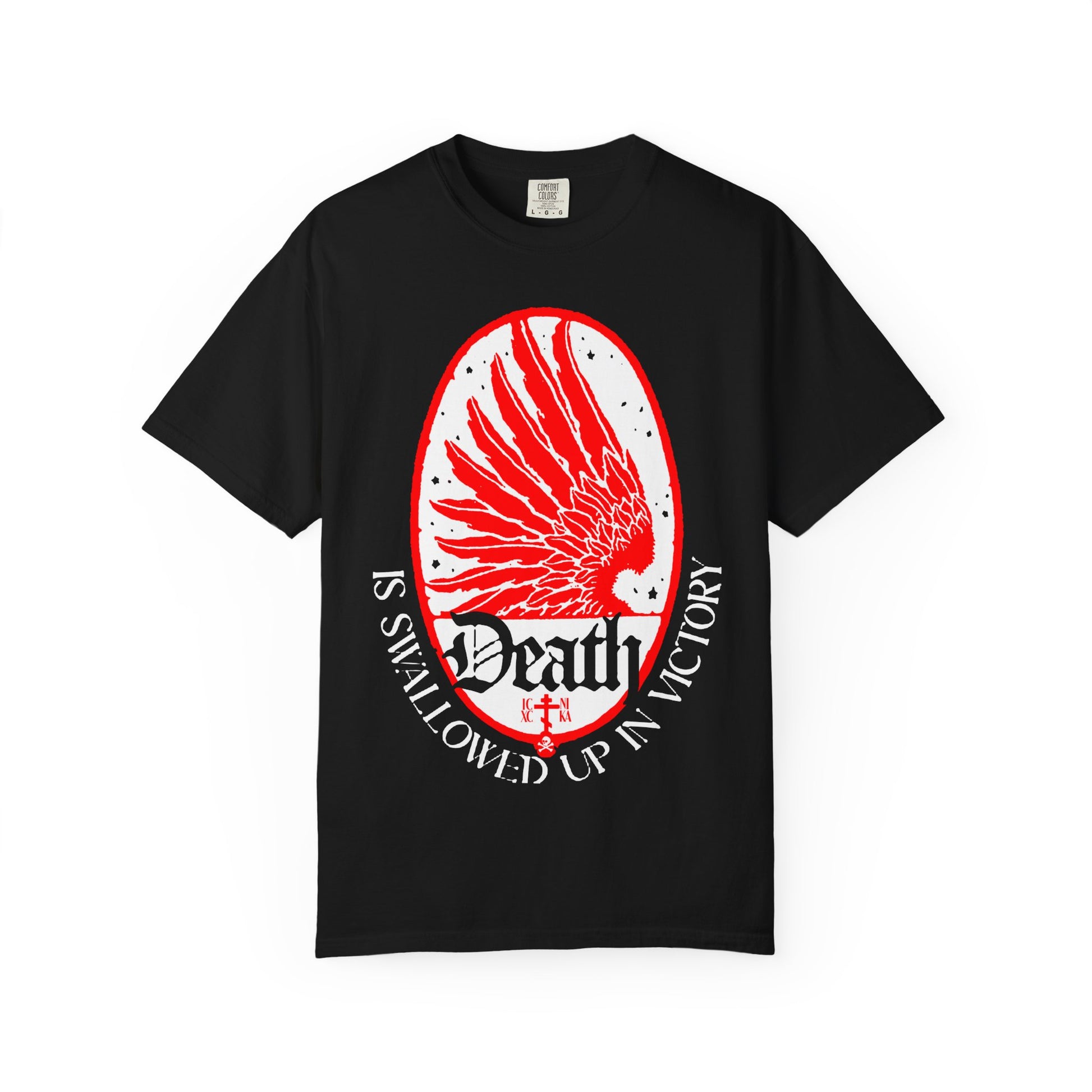 Black heavyweight cotton unisex tee featuring an Art Nouveau-inspired red eagle wing and stars design, along with the text “Death is Swallowed Up In Victory (1 Cor 15:54)” in white—a striking Orthodox Christian statement of triumph over death.