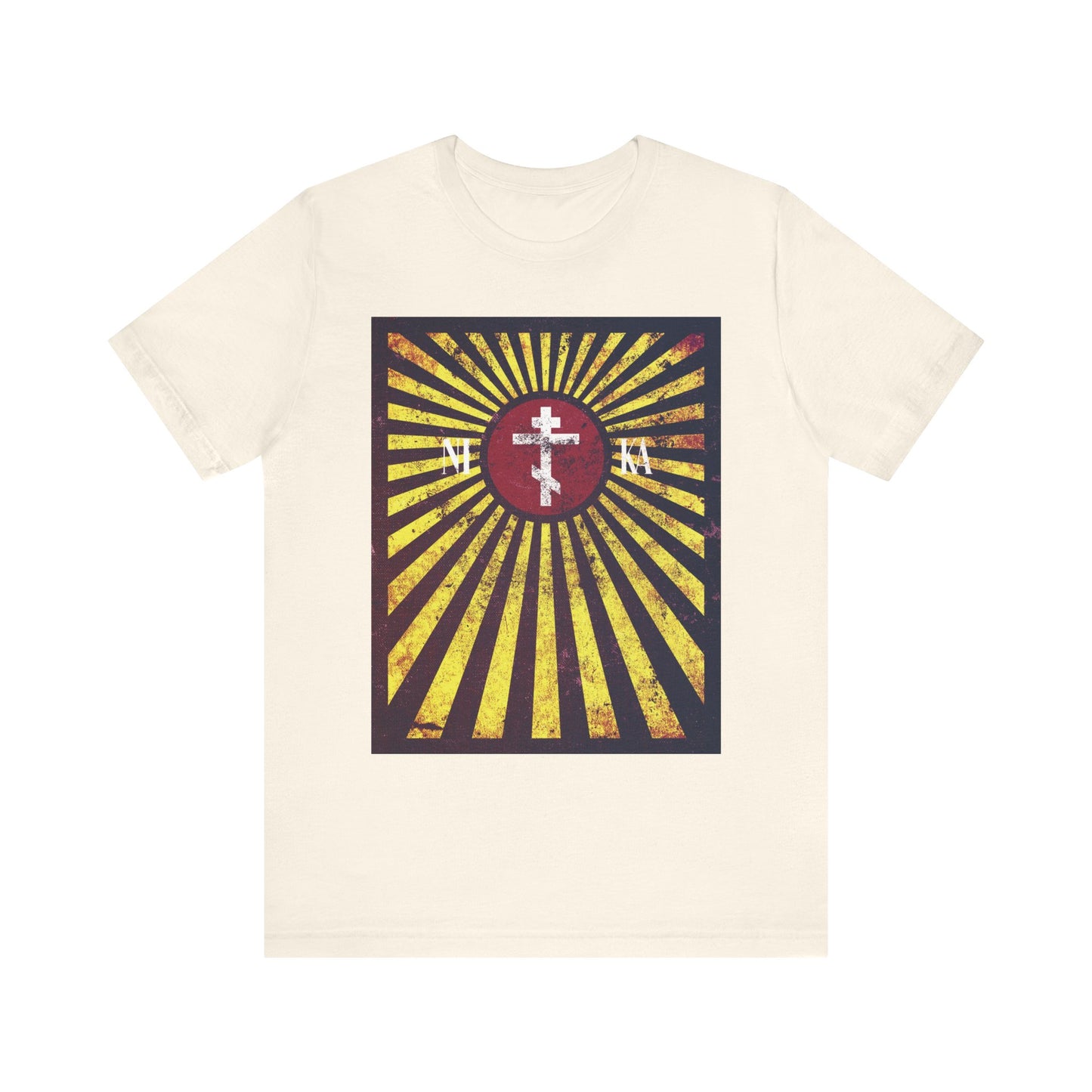 Natural-colored unisex t-shirt featuring the NIKA Red Rising Sun Cross with golden rays—a distressed, textured flag design centered on Orthodox Christian symbolism, including a red circle with a white cross and Cyrillic letters.