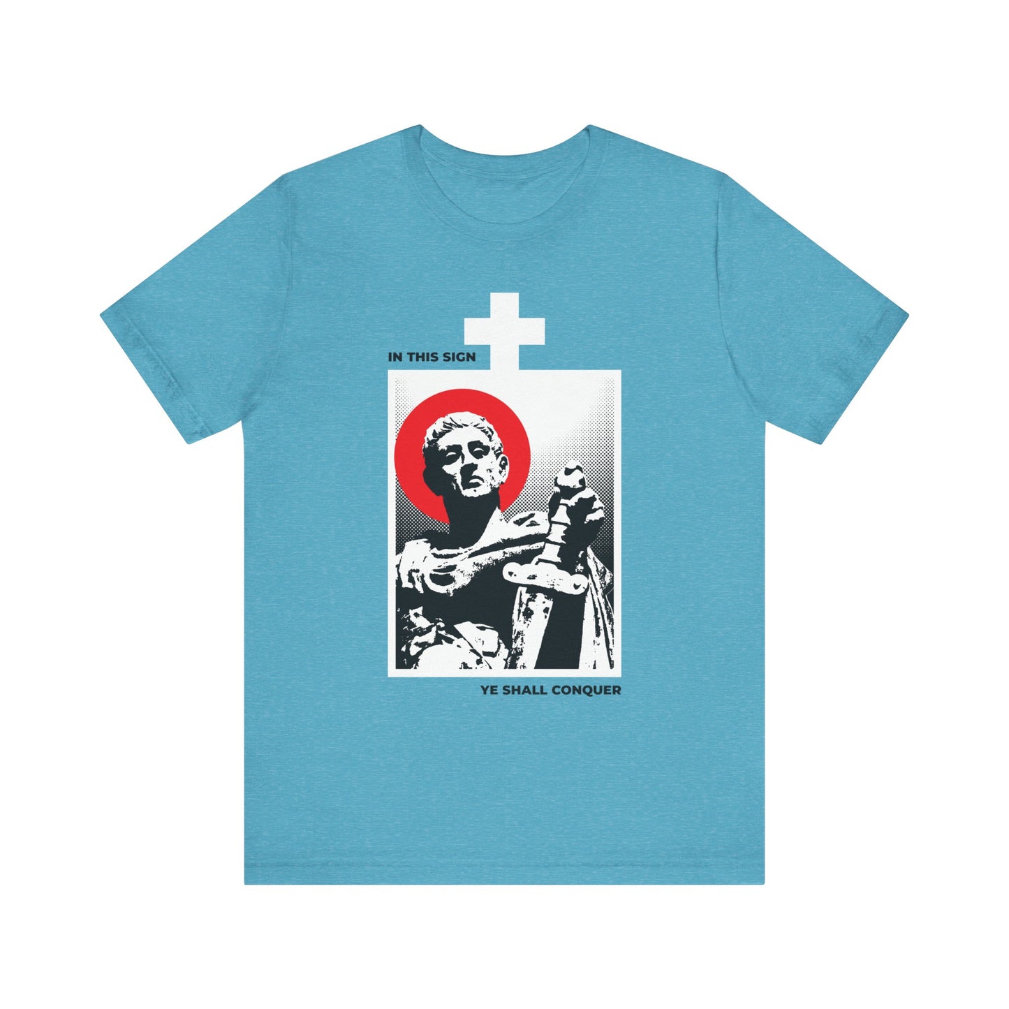 Heather aqua lightweight cotton unisex t-shirt featuring a statue of St Constantine the Great with sword, a white cross, and the text "IN THIS SIGN YE SHALL CONQUER"—invoking the Troparion of the Cross and inspiring you to conquer your passions.