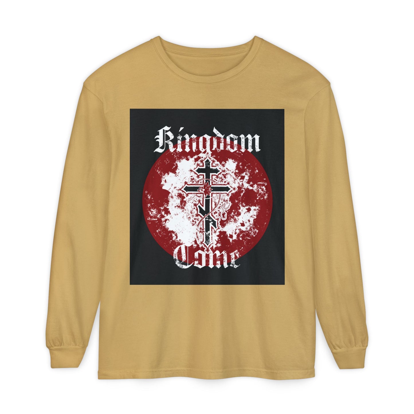 Kingdom Come | Lord's Prayer | Orthodox Cross with Vine | Textured Gothic Font | Orthodox Long Sleeve Cotton Shirt