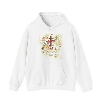 Preparing For Death | White & Beige Floral Scrapbook Texture Cross | Arts & Crafts Style | St Irenaeus | Orthodox Christian Hoodie