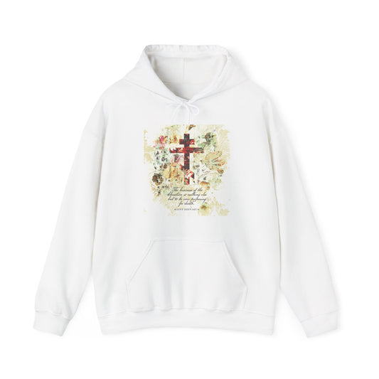 Preparing For Death | White & Beige Floral Scrapbook Texture Cross | Arts & Crafts Style | St Irenaeus | Orthodox Christian Hoodie
