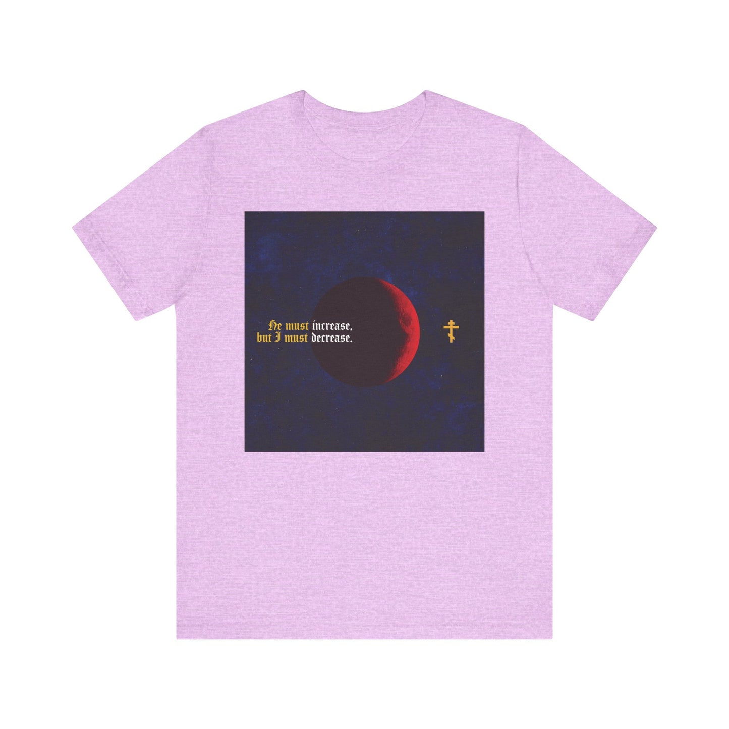 Heather Prism Lilac tee featuring a moon and gothic "He Must Increase, and I Must Decrease" (John 3:30) design, inspired by John the Baptist. Orthodox Christian lightweight cotton unisex shirt.