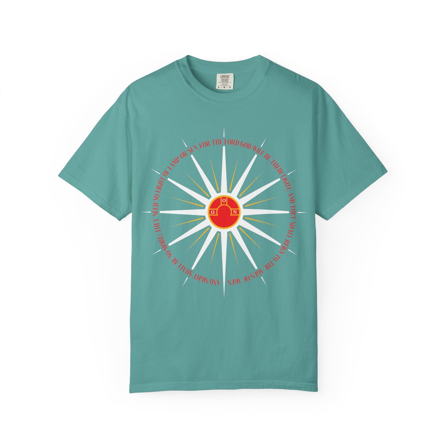 Seafoam heavyweight cotton t-shirt featuring a blazing sunburst design with a red house at its center, encircled by the words “imperishable homeland”; inspired by Rev. 22:5 and the Second Coming, from the And Night Shall Be No More Orthodox Christian collection.
