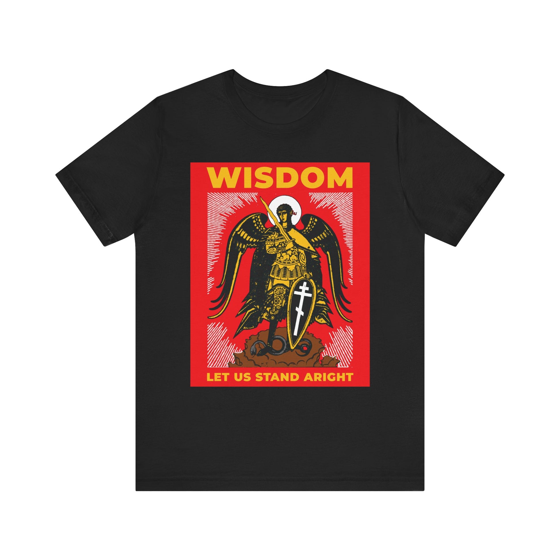 Black unisex tee featuring a Russian illustration of Archangel Michael the Warrior with shield & sword, "LET US STAND ARIGHT" text, and WISDOM label. Orthodox lightweight cotton.