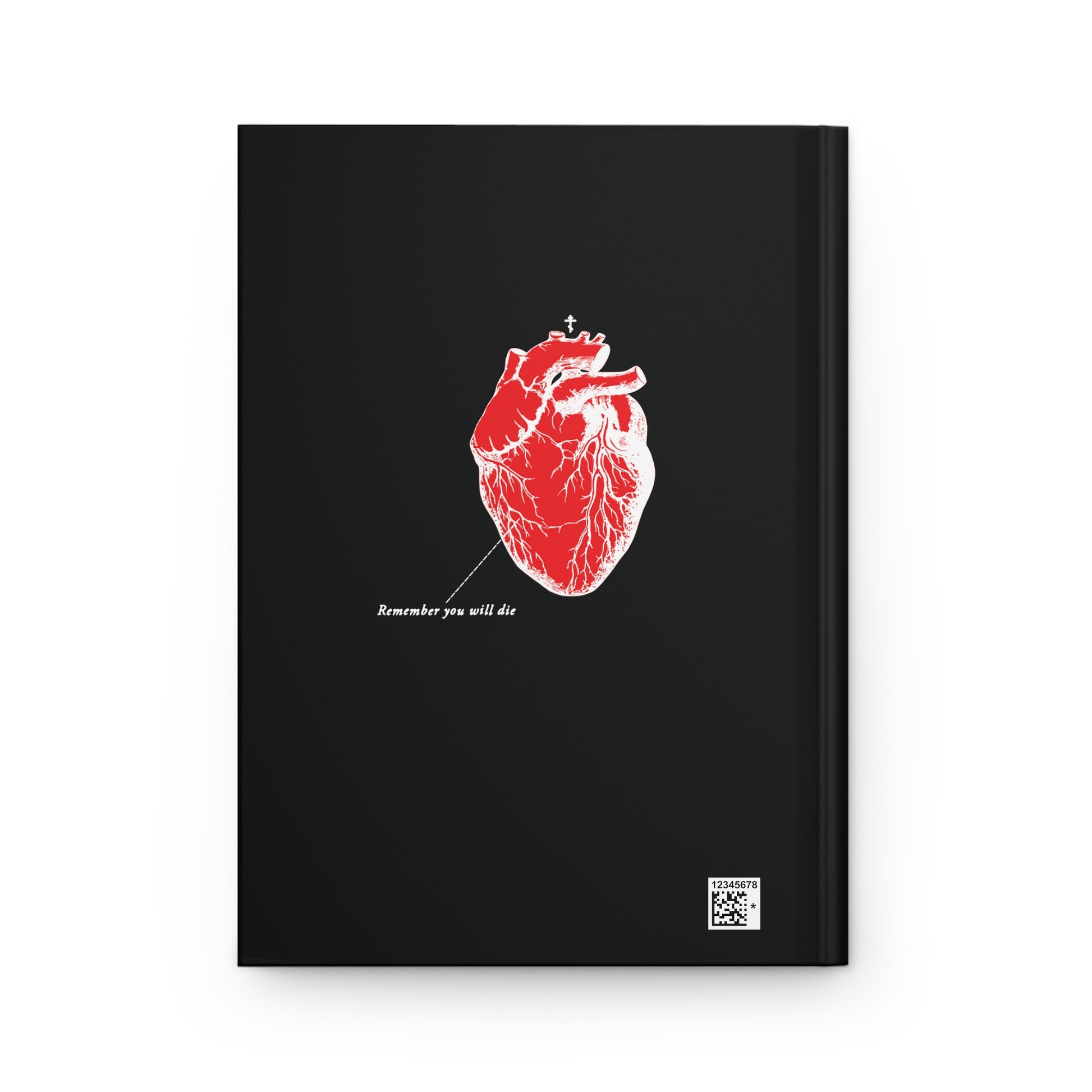 A hardcover black journal titled Remember You Will Die features a retro medical textbook heart design with inverted shadows.
