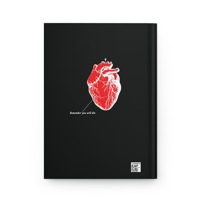 A hardcover black journal titled Remember You Will Die features a retro medical textbook heart design with inverted shadows.