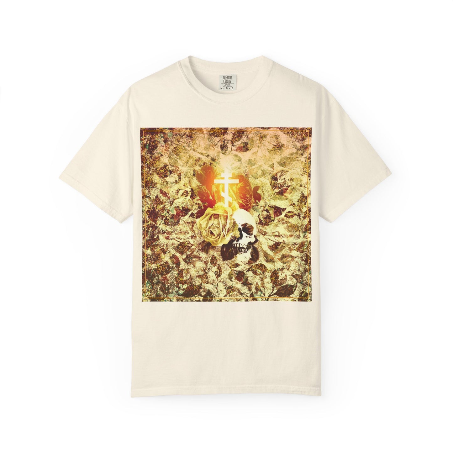 Ivory heavyweight cotton unisex tee with a gold leafy square design featuring a glowing Orthodox cross, gold rose, and black skull—a bold Gothic Christian aesthetic inspired by the Ezekiel prophecy and the valley of dry bones.