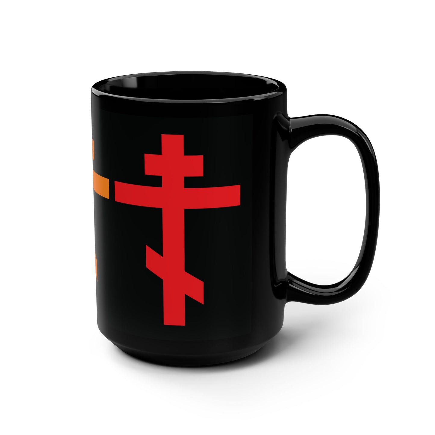 Black mug with yellow, orange, and red Orthodox crosses and the words "May I never boast, except in the cross of our Lord Jesus Christ" (Gal 6:14) against a white background.