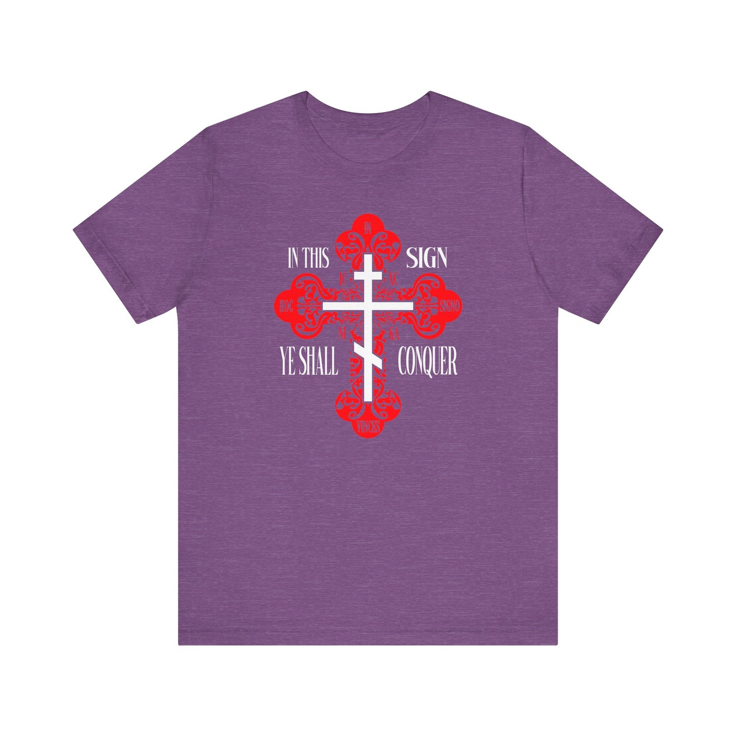 Heather team purple unisex tee with ornate Orthodox cross and "In This Sign Ye Shall Conquer"—a bold nod to spiritual victory. Features red and white text: In Hoc Signo Vinces, ICXC NIKA, Jesus Christ Conquers.