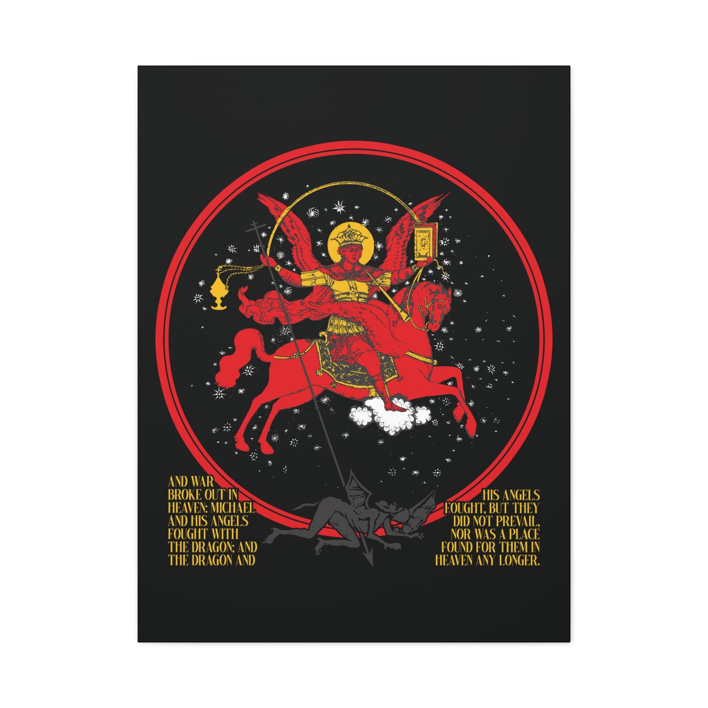 Archangel Michael of the Apocalypse Icono-Graphic | War in Heaven (Rev 12:7-9) | Christian canvas art shows Michael armored on a red horse defeating Satan, symbolizing the biblical battle from Revelation.
