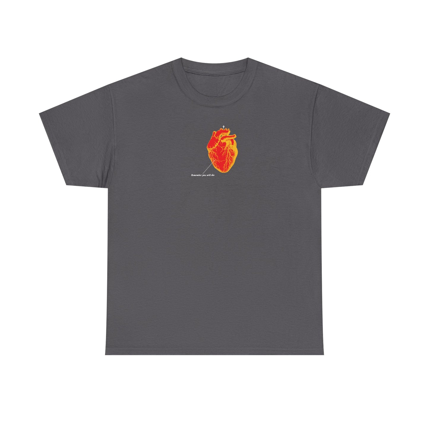 Charcoal tee featuring a red and orange antique textbook heart graphic with “Memento Mori” theme, Christian message, and small white text, all centered on the chest.