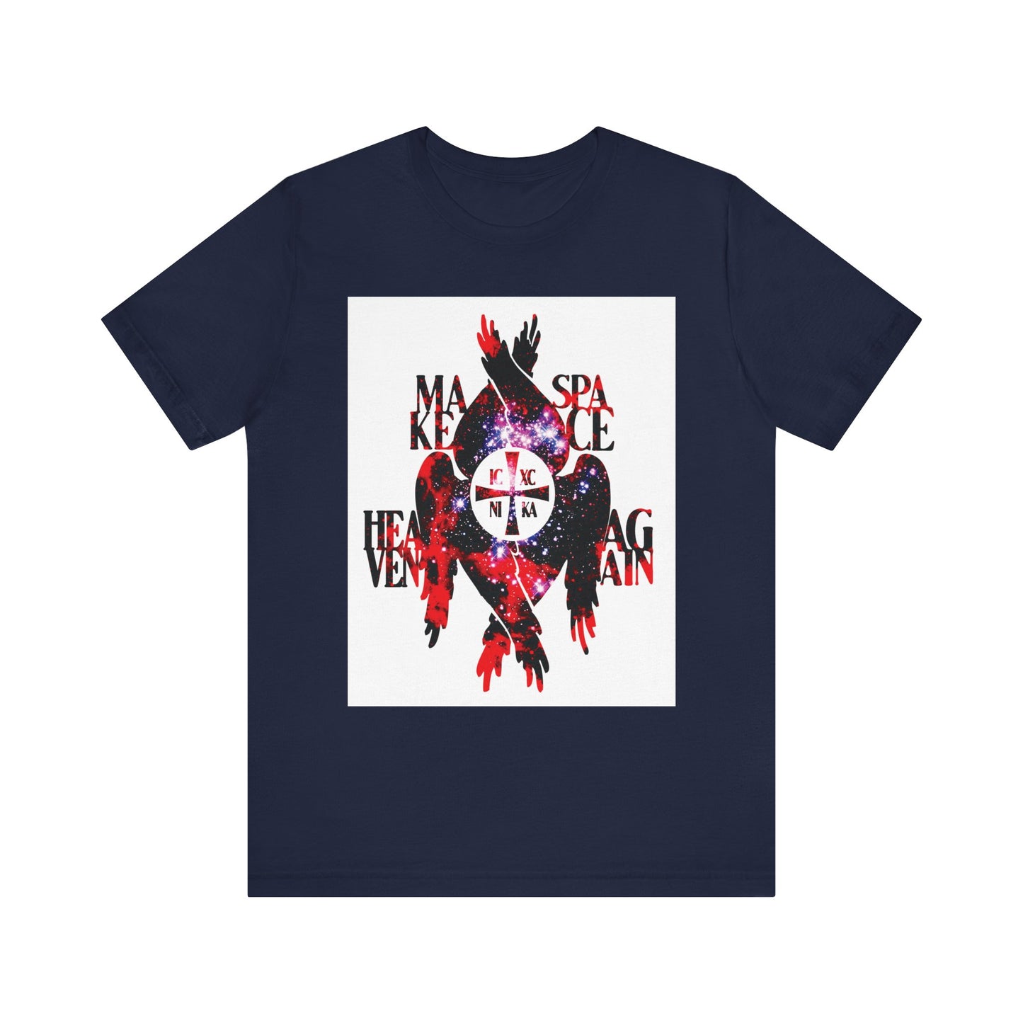 Navy unisex lightweight cotton T-shirt featuring the "Make Space Heaven Again" design, with a cosmic textured ICXC NIKA cross, seraphim wings, and graphic art inspired by angels and archangels.