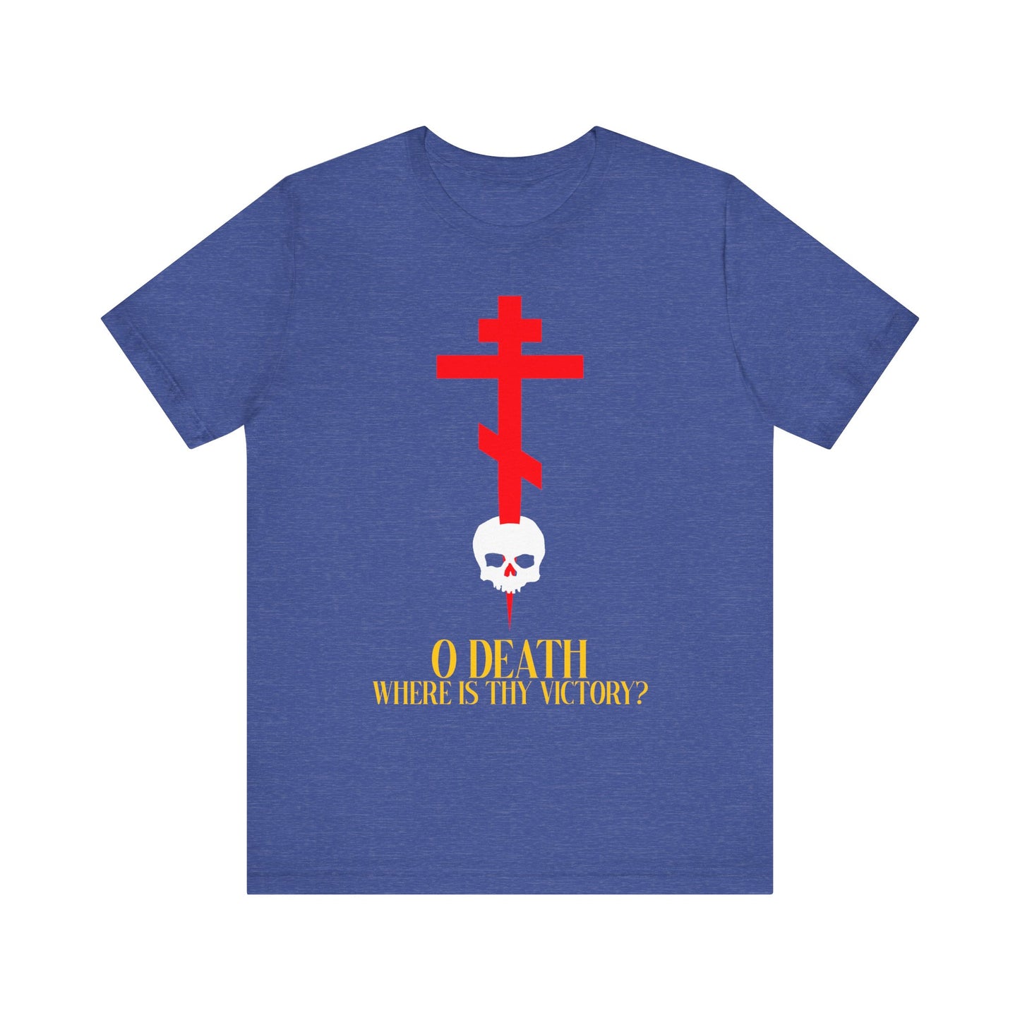 Heather True Royal Orthodox T-shirt featuring a red cross piercing a skull and yellow "O DEATH WHERE IS THY VICTORY?" text, inspired by 1 Corinthians 15:55 and Christ’s triumph over death. Lightweight cotton unisex fit.
