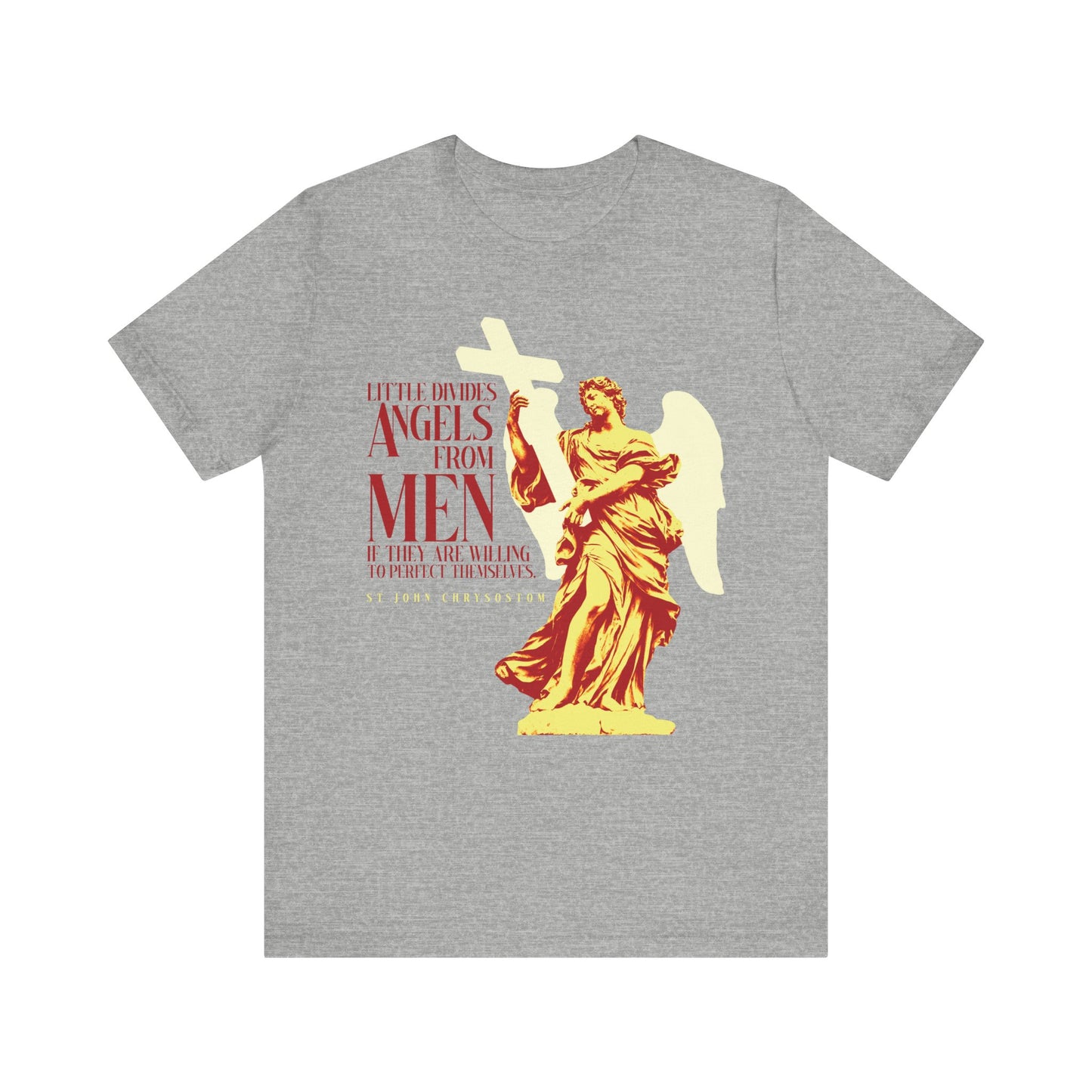 Athletic Heather unisex cotton tee featuring an angel statue graphic and St John Chrysostom’s quote: "Little divides angels from men if they are willing to perfect themselves." A thoughtful, Orthodox Christian-inspired design.