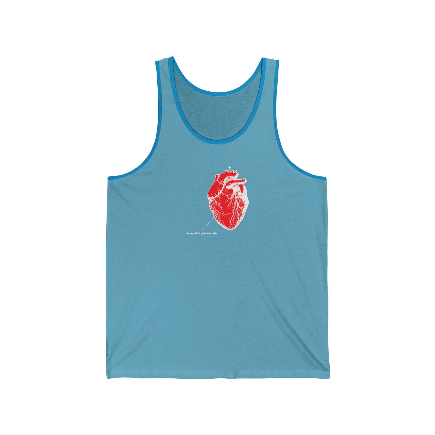 The Aqua TriBlend Remember You Will Die unisex tank top showcases a retro anatomical heart design with Remember you are alive beneath. Made from light fabric and soft Airlume cotton, it ensures comfort while offering a bold statement.