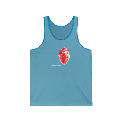 The Aqua TriBlend Remember You Will Die unisex tank top showcases a retro anatomical heart design with Remember you are alive beneath. Made from light fabric and soft Airlume cotton, it ensures comfort while offering a bold statement.