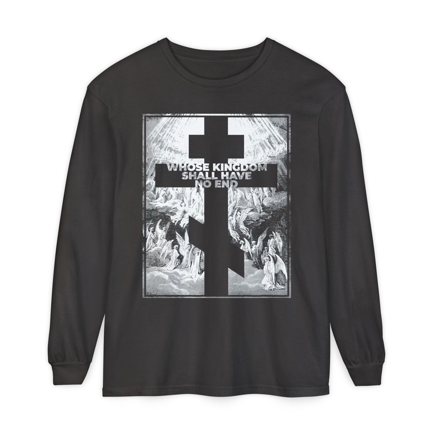 Graphite long-sleeve shirt featuring Gustave Dore’s Revelation etching with "Whose Kingdom Shall Have No End"—a powerful nod to the Nicene Creed and enduring Orthodox faith.