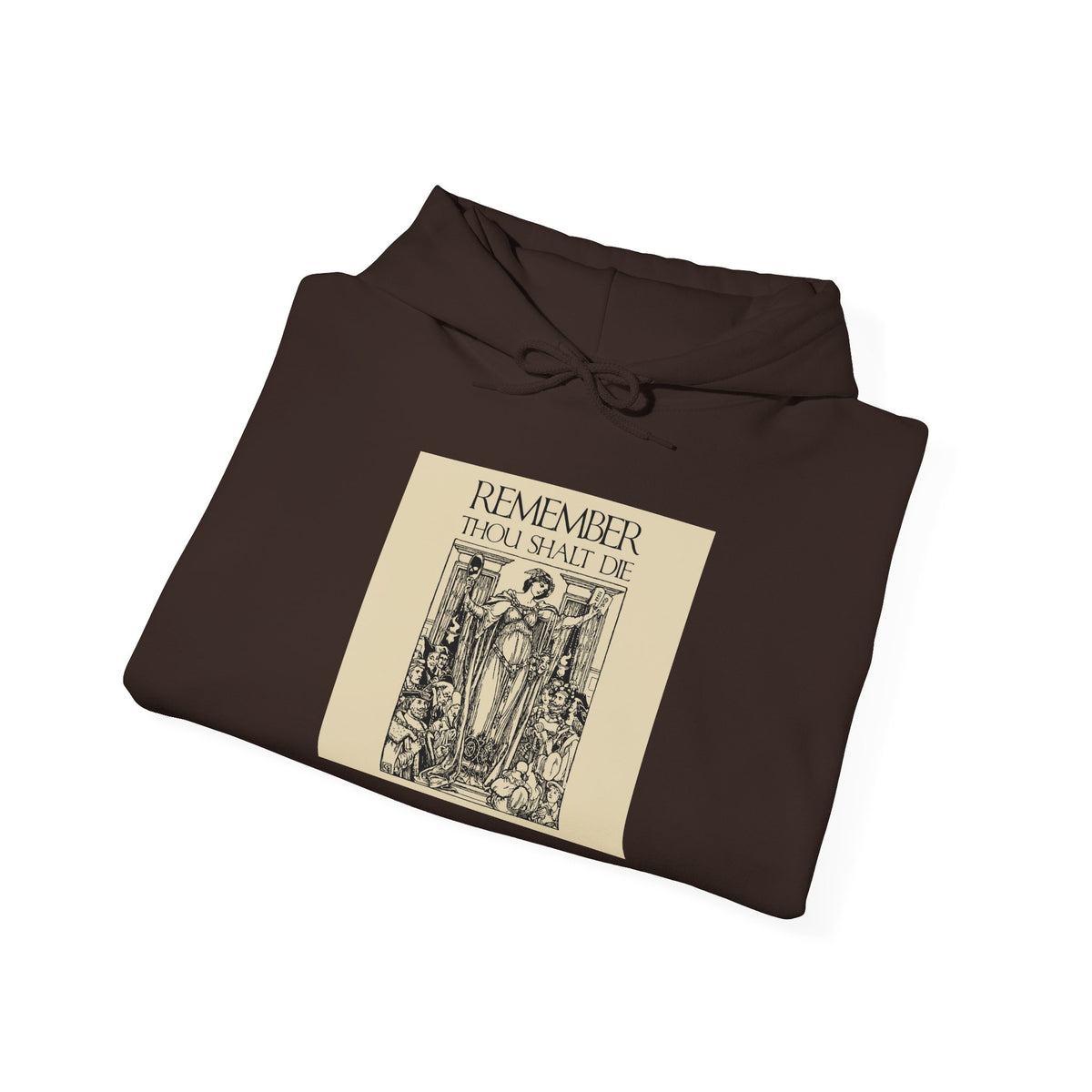 Folded brown hoodie featuring the “Remember You Will Die Shakespearean Design” with a classic woodcut illustration and Orthodox Christian motifs—an evocative memento mori inspired by medieval reflection and timeless reminders of mortality.