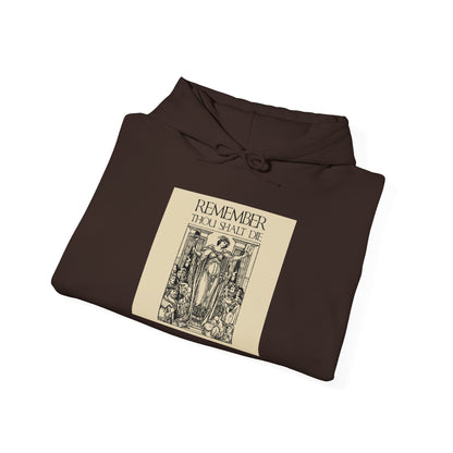 Folded brown hoodie featuring the “Remember You Will Die Shakespearean Design” with a classic woodcut illustration and Orthodox Christian motifs—an evocative memento mori inspired by medieval reflection and timeless reminders of mortality.