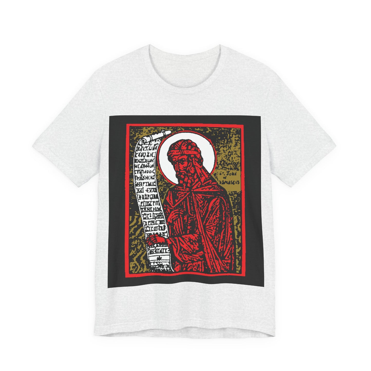 St. John of Damascus Icono-Graphic | Orthodox Christian Saint | Red Gold & Black High Contrast Design | Orthodox Christian Cotton T-Shirt
