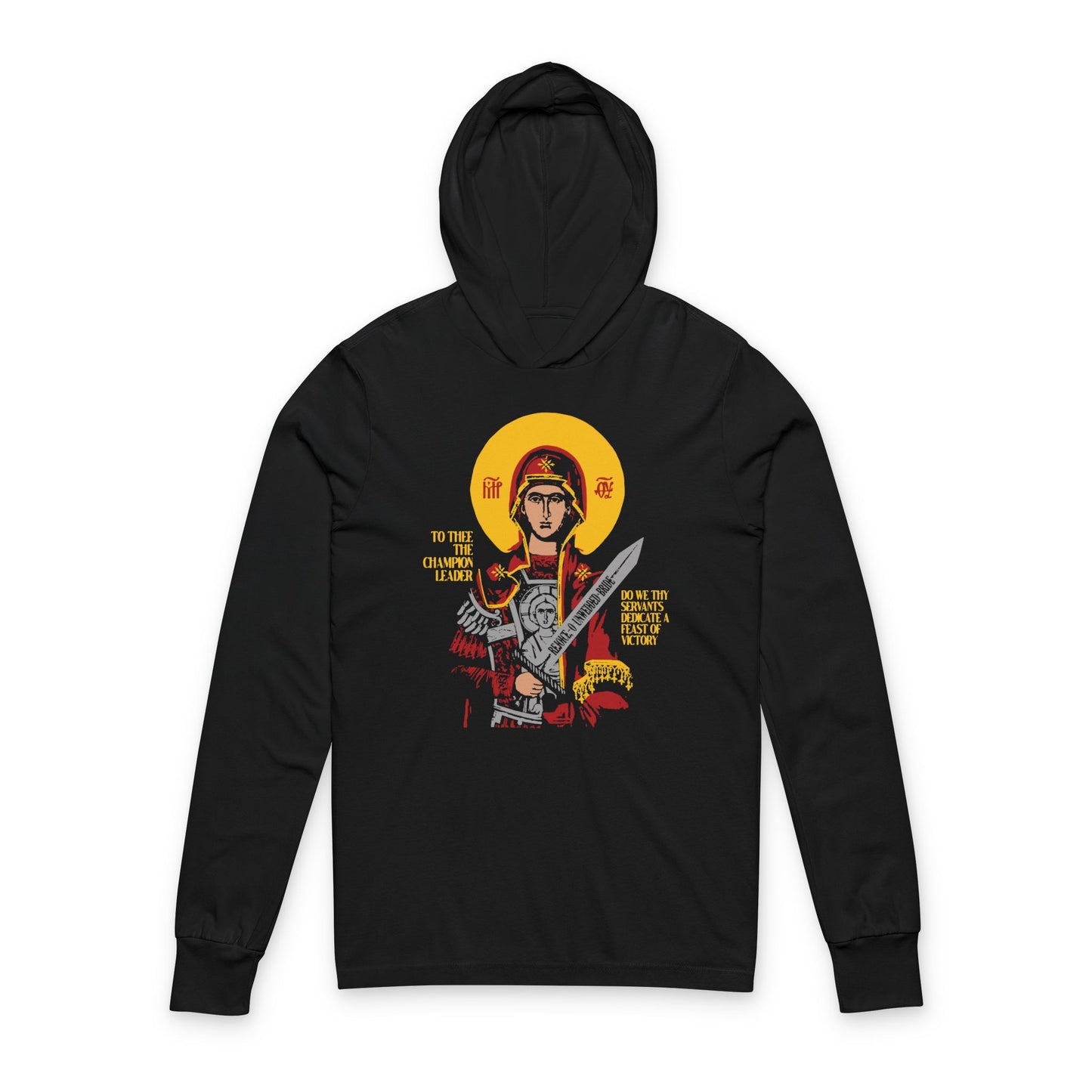 To Thee the Champion Leader | Mother of God | Theotokos with Sword IconoGraphic | Orthodox Long Sleeve Hooded Shirt