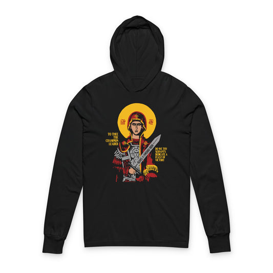 To Thee the Champion Leader | Mother of God | Theotokos with Sword IconoGraphic | Orthodox Long Sleeve Hooded Shirt