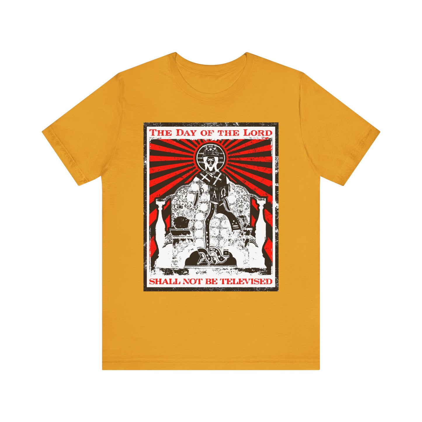 Show your faith in style with our mustard "The Day of the Lord Shall Not Be Televised" lightweight cotton unisex tee, featuring a bold graphic of red rays and striking iconography inspired by Jesus Christ, the Second Coming, and Revelation. This eye-catching design draws on powerful biblical themes for a statement piece rooted in Christian faith.
