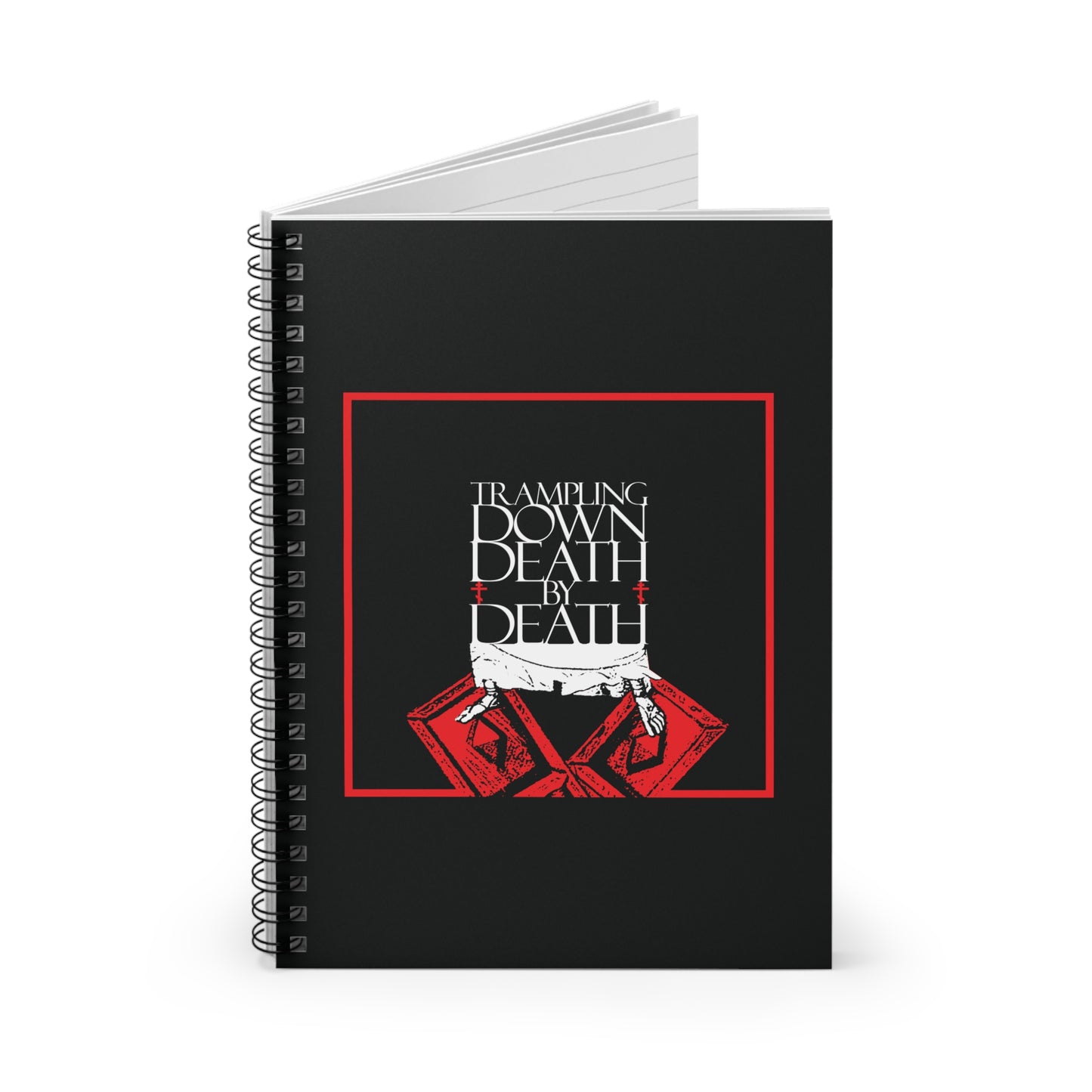 Black spiral notebook with iconographic Jesus' feet on the Gates of Hades and the phrase "Trampling Down Death By Death," symbolizing resurrection and victory over death; perfect for Pascha and Christian inspiration.
