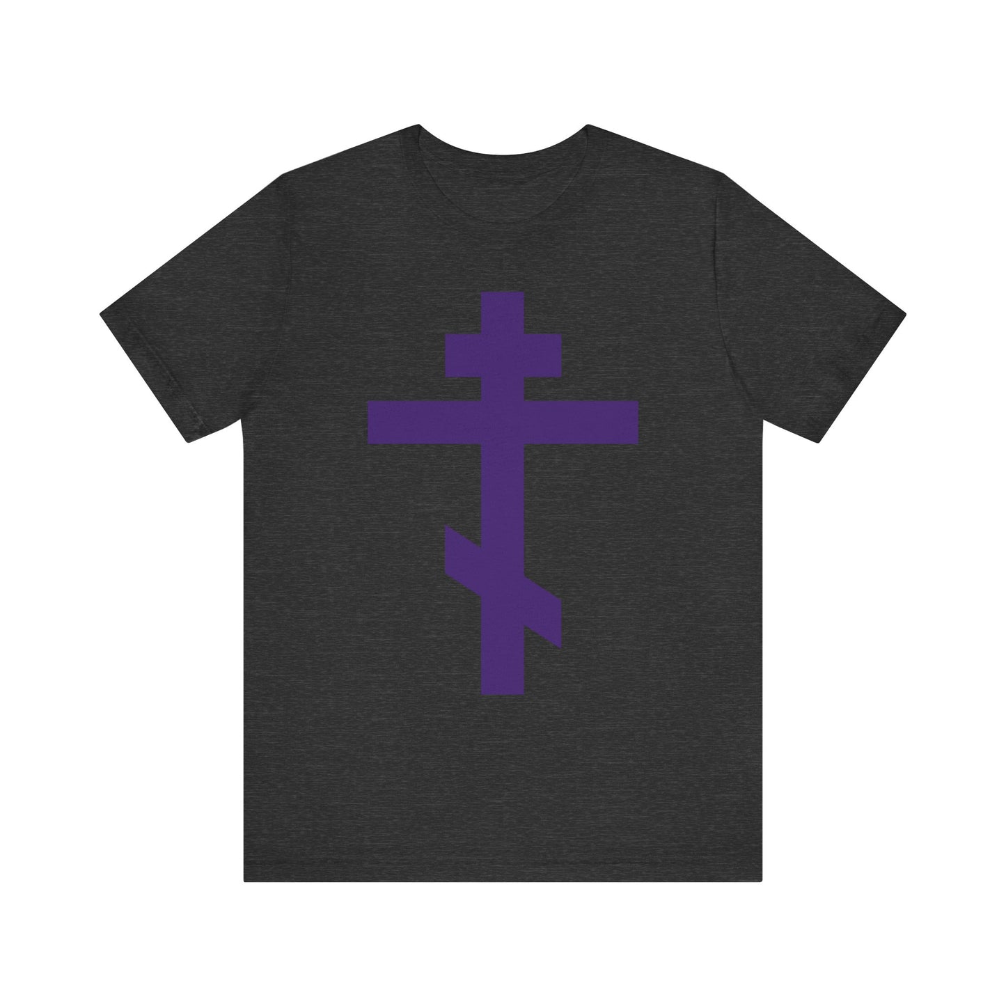 Dark Grey Heather T-shirt featuring a bold purple Orthodox Tribar Cross design on the front, inspired by the enduring faith of St. John of Kronstadt and symbolizing Christ’s profound love, with “Preserve Thy People By Thy Cross, O Lord” and “Christ is King” accents; made from lightweight cotton in a unisex fit.