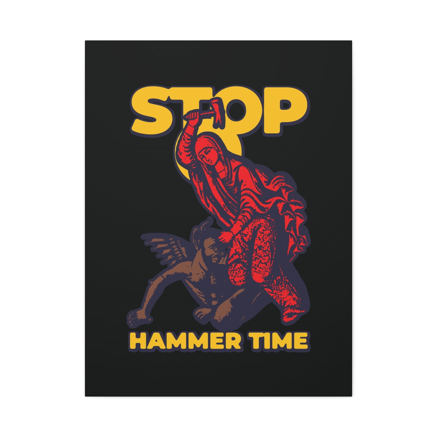 St Marina of Antioch, featured in bold red, blue, and yellow, wields a hammer above "STOP HAMMER TIME" on a black background in this modern Orthodox Christian meme wall art.