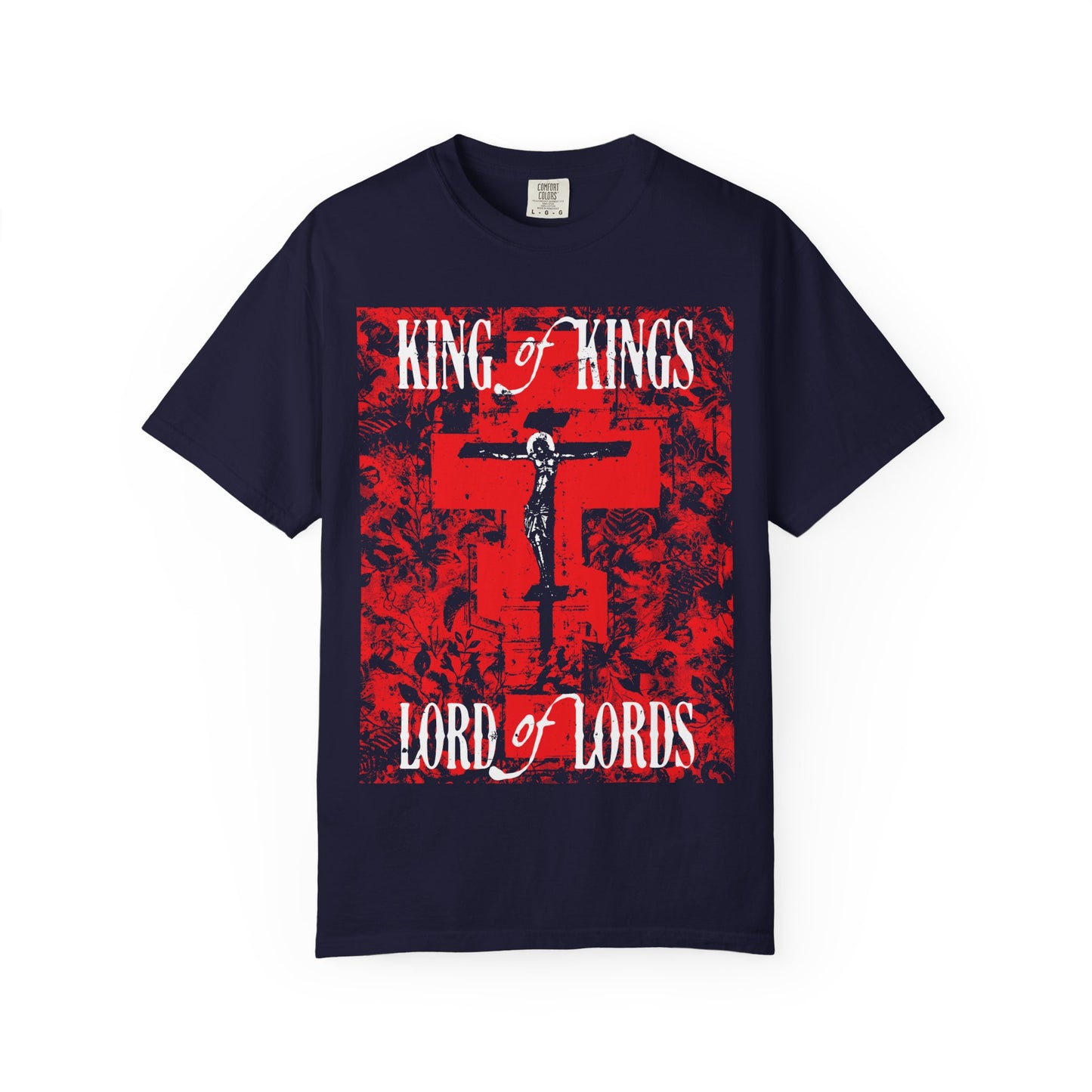 King of Kings, Lord of Lords | Christ Crucified Icono-Graphic | Red Cross Nature Texture w/ White Text | Heavyweight Cotton Unisex Tee